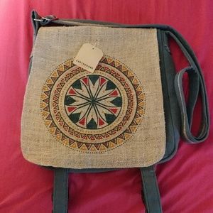 EARTHBOUND Beige and Blue Crossbody Bag with Geometric Design.